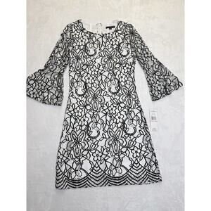 Sharagano Dress Women’s Sz 6 Black White Floral Lace Overlay Bell Sleeves NWT